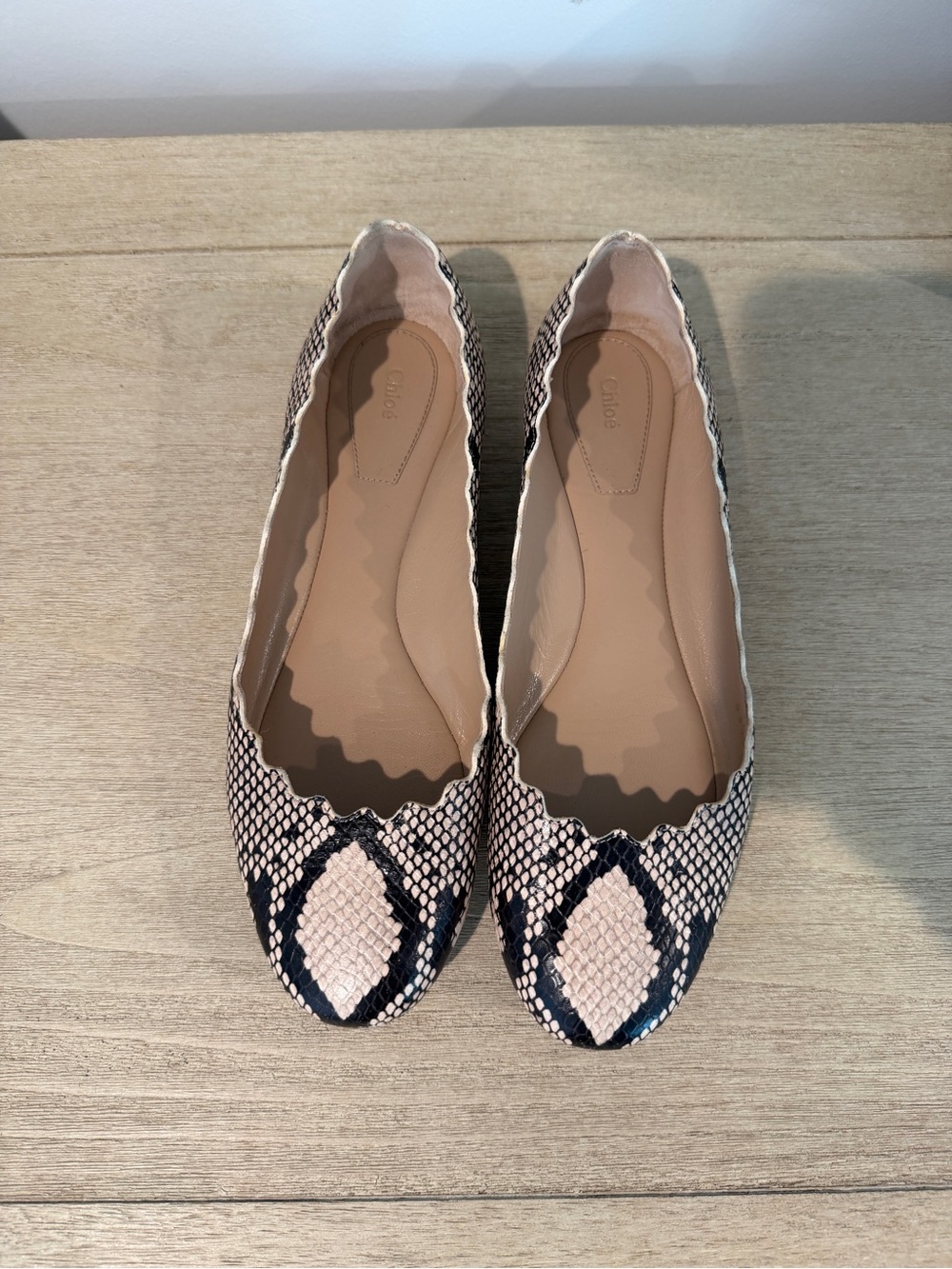 Chloe Lauren Snake-Print Scalloped Ballet Flats